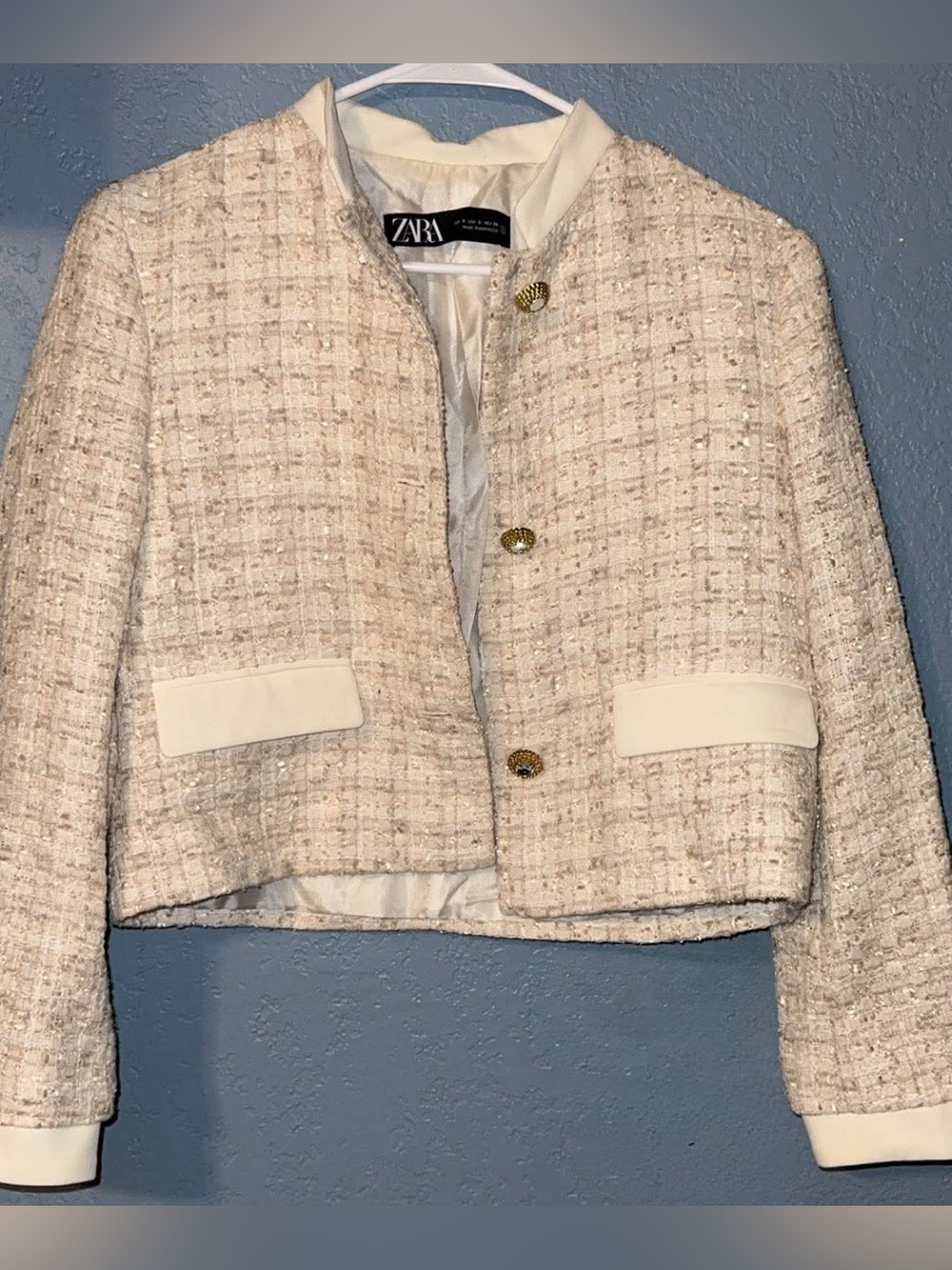 Zara Ivory Bouclé Cropped Blazer with Gold Buttons